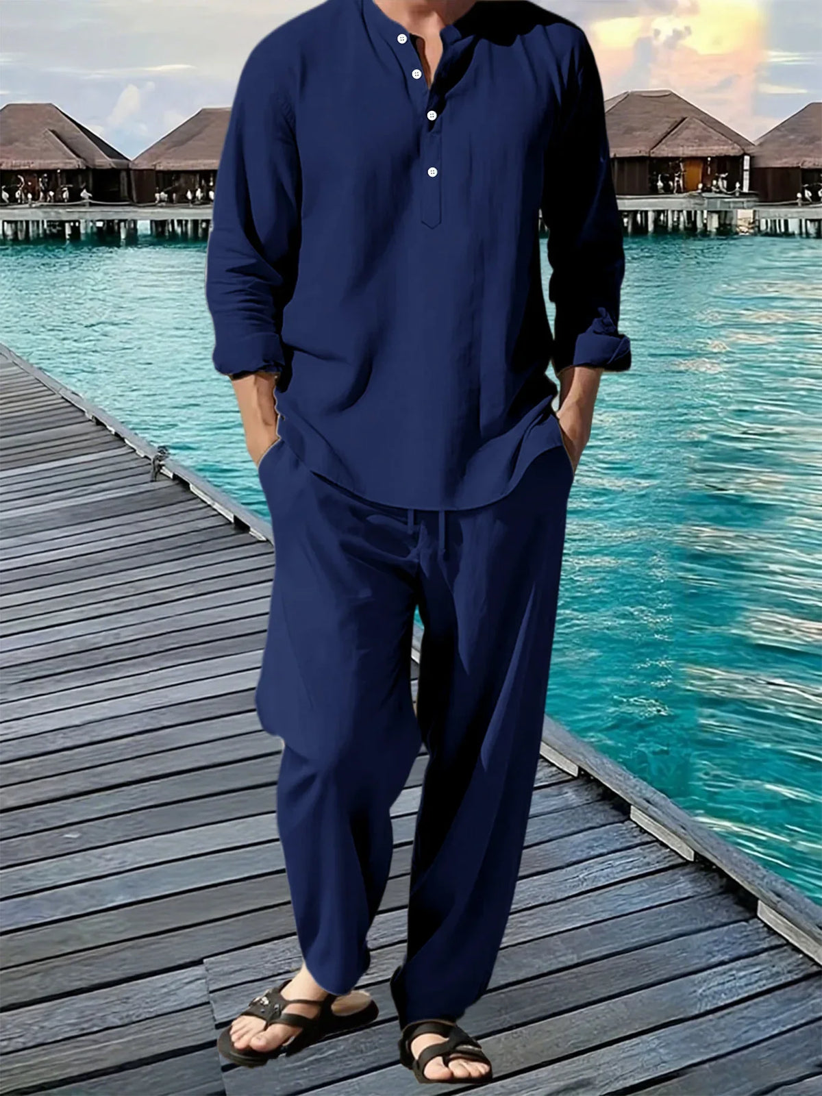 Men's Solid Hawaiian Beach Shirt and Jogger Pants Set