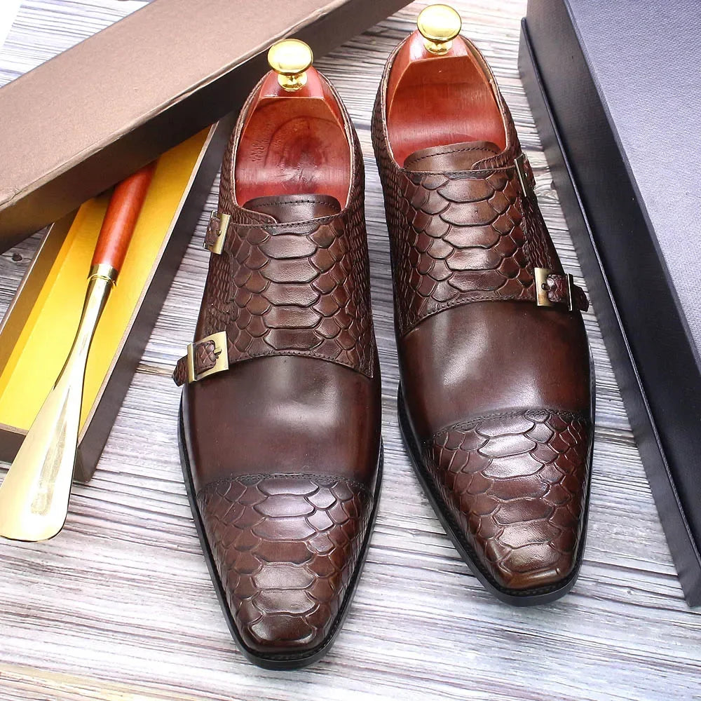 Men's Leather Double Buckle Monk Strap Snake Print Dress Shoes