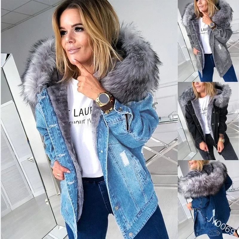 Women's Distressed Fur Collar Denim Jacket