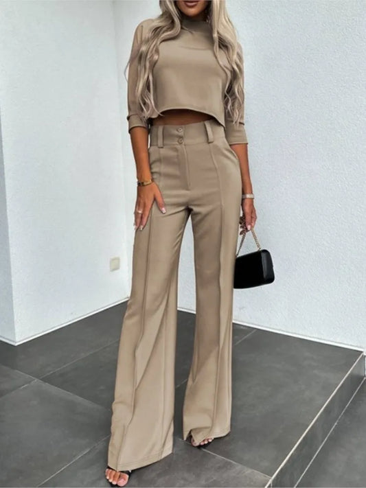 Women's Solid Crop Top and High Waist Pants Two-Piece Set
