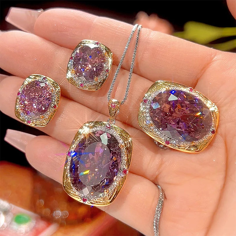Women's Rose Cut Zircon Necklace Earring Ring Set