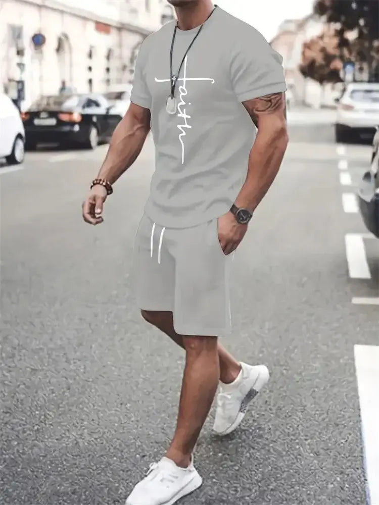 Mens T Shirt Shorts Set Fashion Mens Cross Printed Short Sleeve Two Pieces Oversized Outdoor Beach Sports Men's Plus Size Suit
