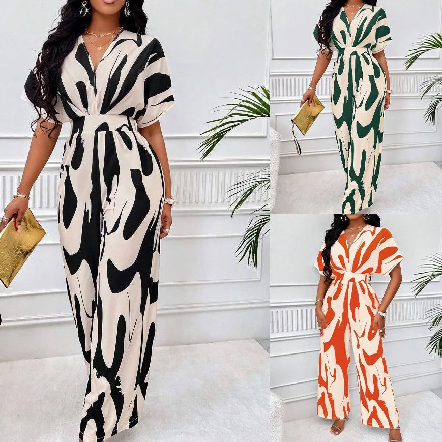 Women's V-Neck Short-Sleeve Printed Wide-Leg Jumpsuit