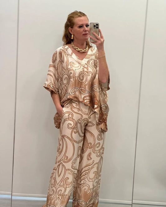 Women's Print Round-Neck Batwing Top and Loose Pants Two-Piece Set
