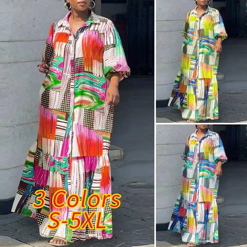 Women's Plus-Size 5XL Bohemian Printed Long Sleeve Vintage Maxi Dress