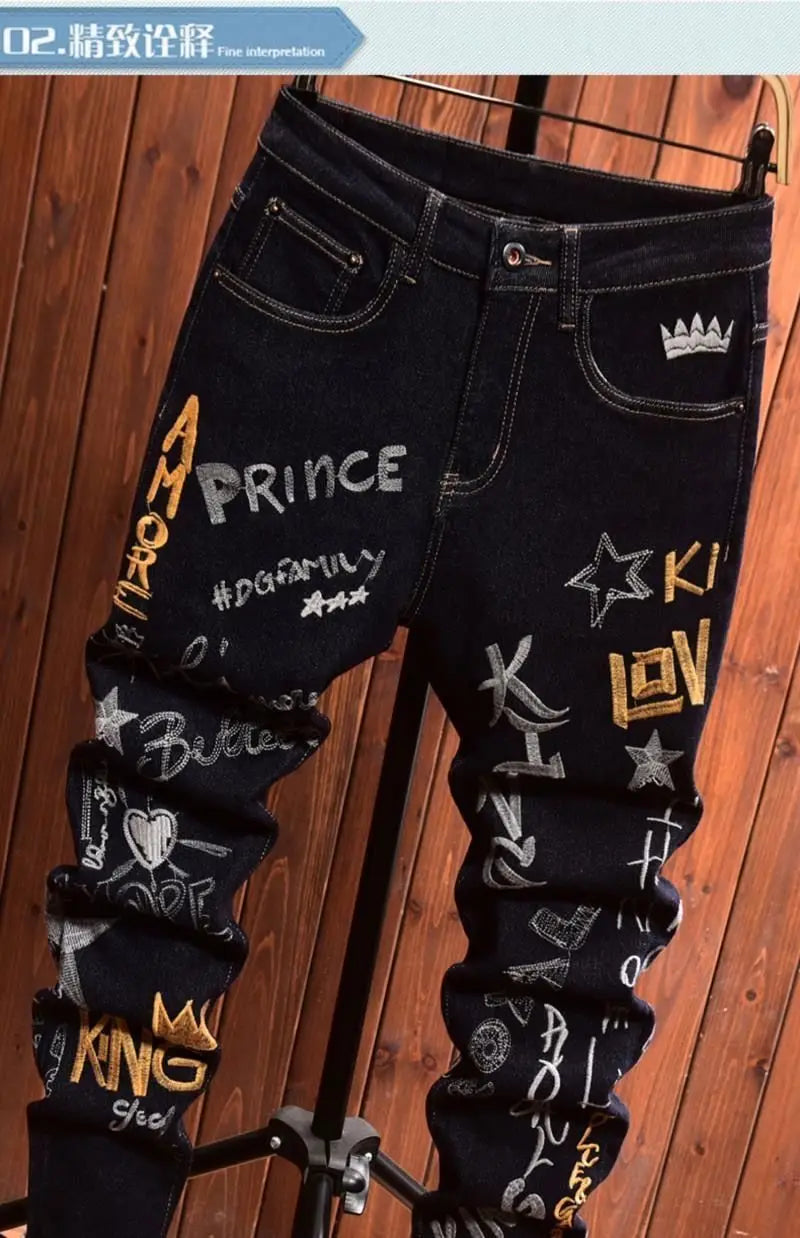 Men's Embroidery Badge Retro Cargo Black Denim Jeans