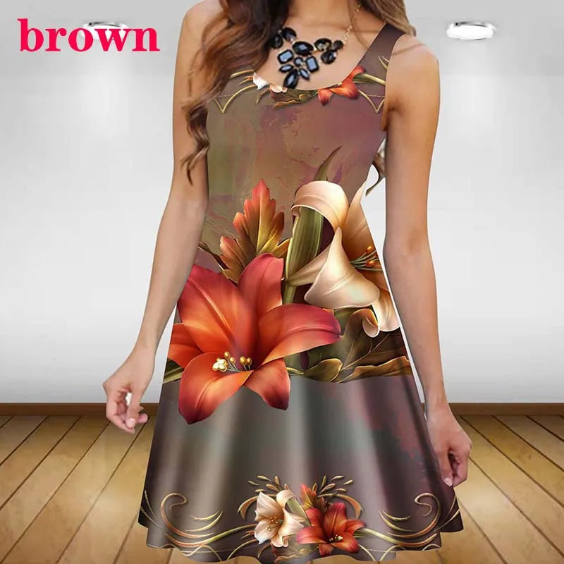 Women's Floral 3D-Print Sleeveless A-Line Summer Sundress