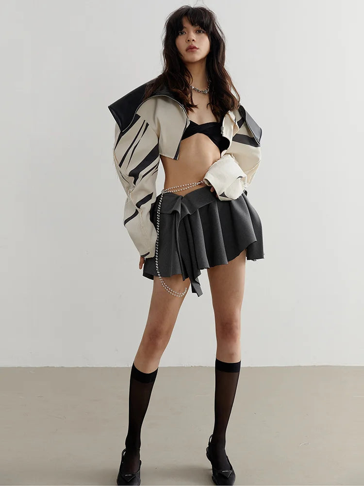 Women's Contrast Lapel Zipper Short Jacket Coat