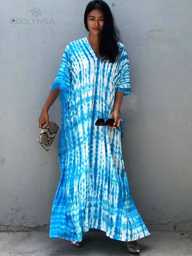 Women's Bohemian Printed V-Neck Batwing Split Maxi Dress
