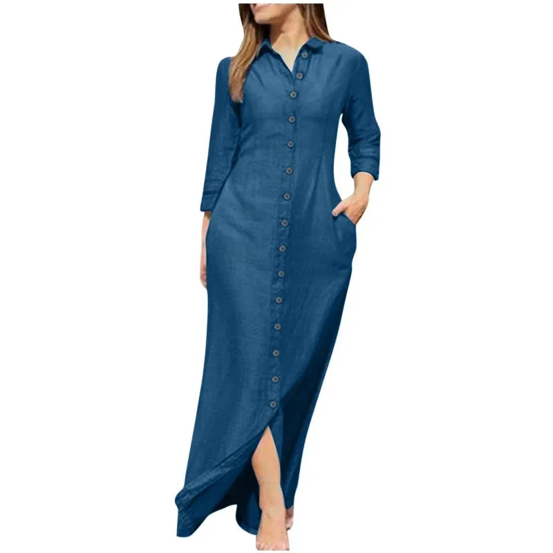 Women's Long Sleeve Lapel Solid Loose Maxi Dress