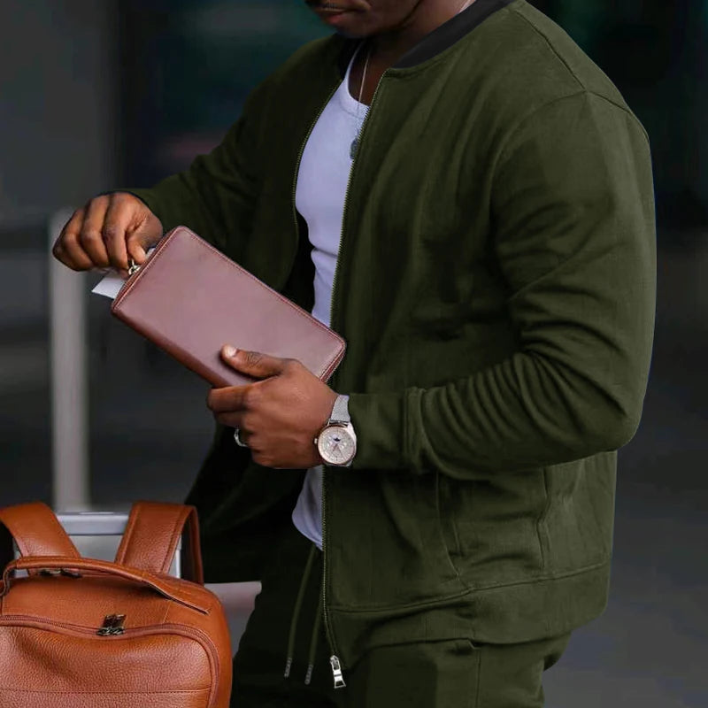 Men's Solid Stand-Collar Zip Jacket and Pants Set
