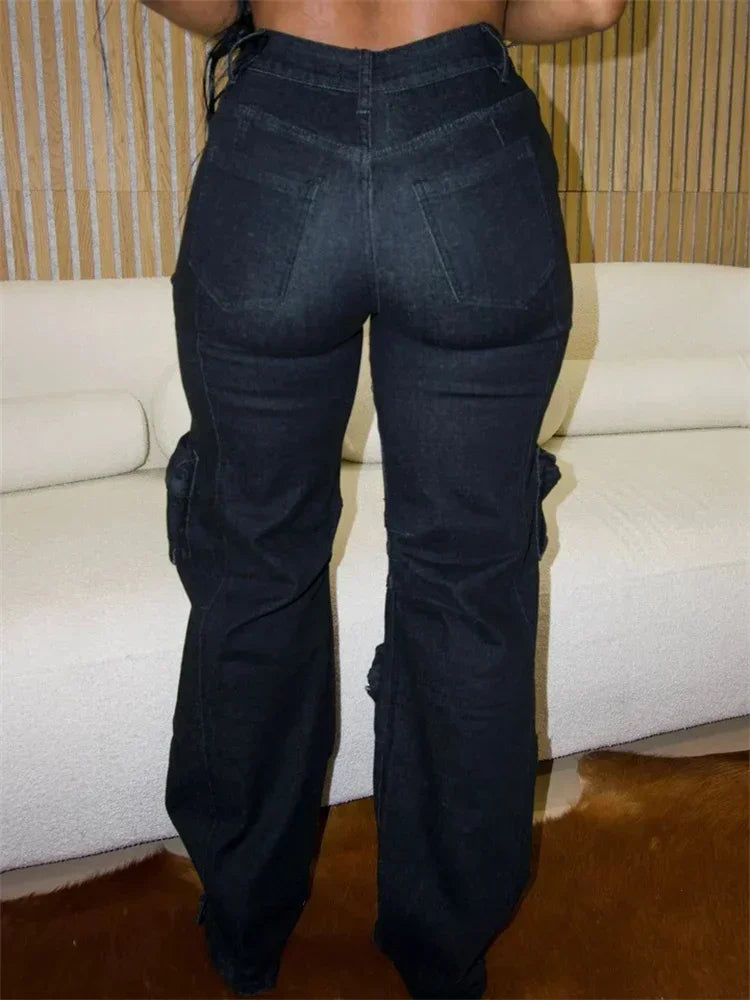 Chic Autumn Style Woman Pants with Tassel Diamond Pieces Mid Waist Straight Leg Jeans