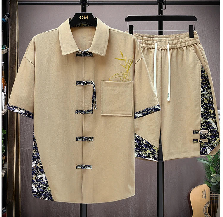 Men's Print Short-Sleeve Shirt and Shorts Two-Piece Set