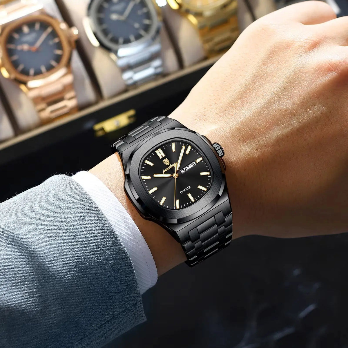 Men's Square Stainless Steel Date Week Quartz Wristwatch