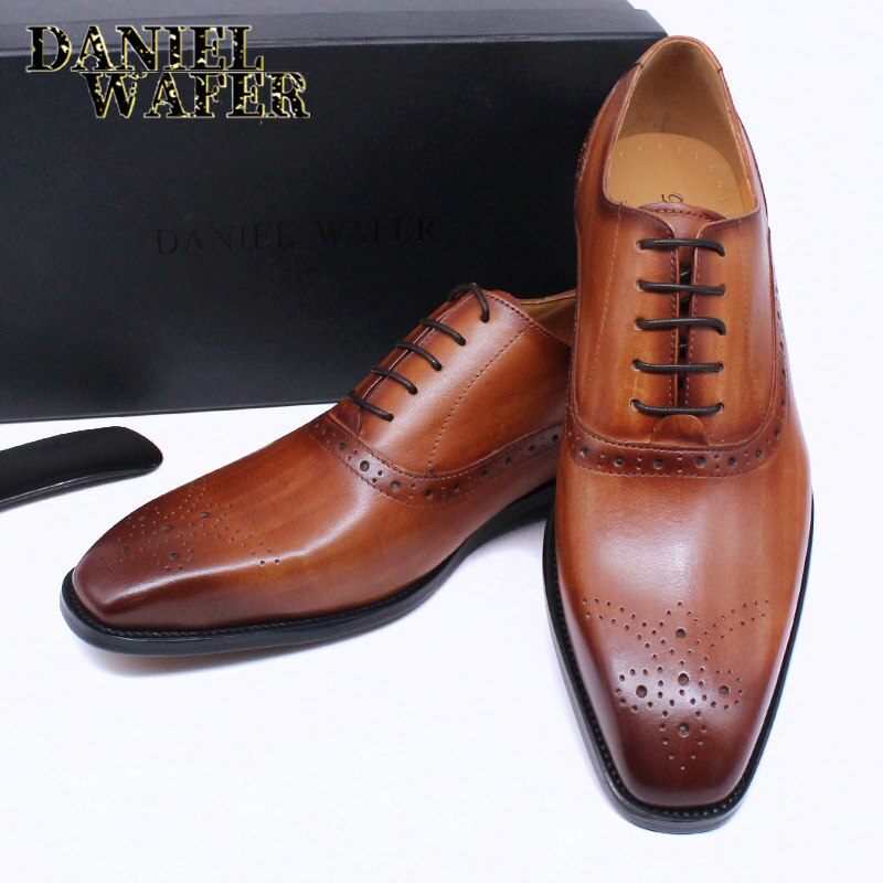 Men's Genuine Leather Brogue Oxford Lace-Up Wedding Office Dress Shoes