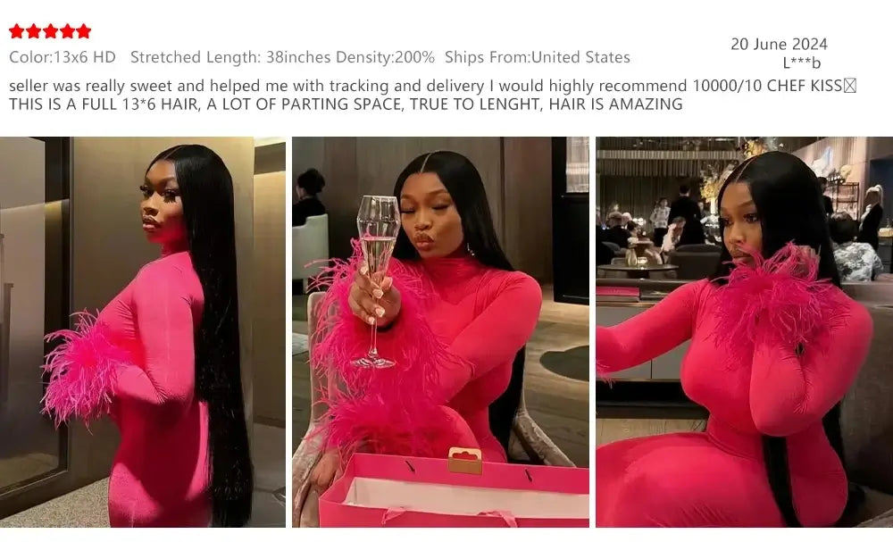 40 46 Inch 200 Density Frontal Wig For Black Women Brazilian Wigs Human Hair 5x5 Bone Straight HD Transparent Lace Front Wigs in pink outfit.