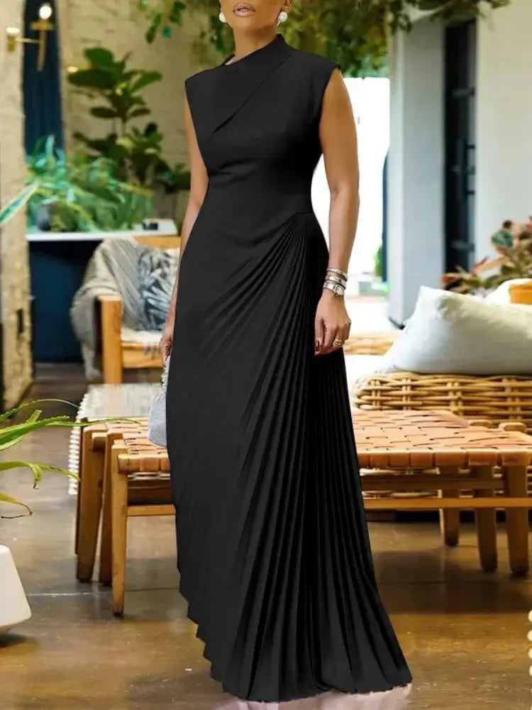 Women's Solid High Neck Sleeveless Pleated Floor Evening Dress