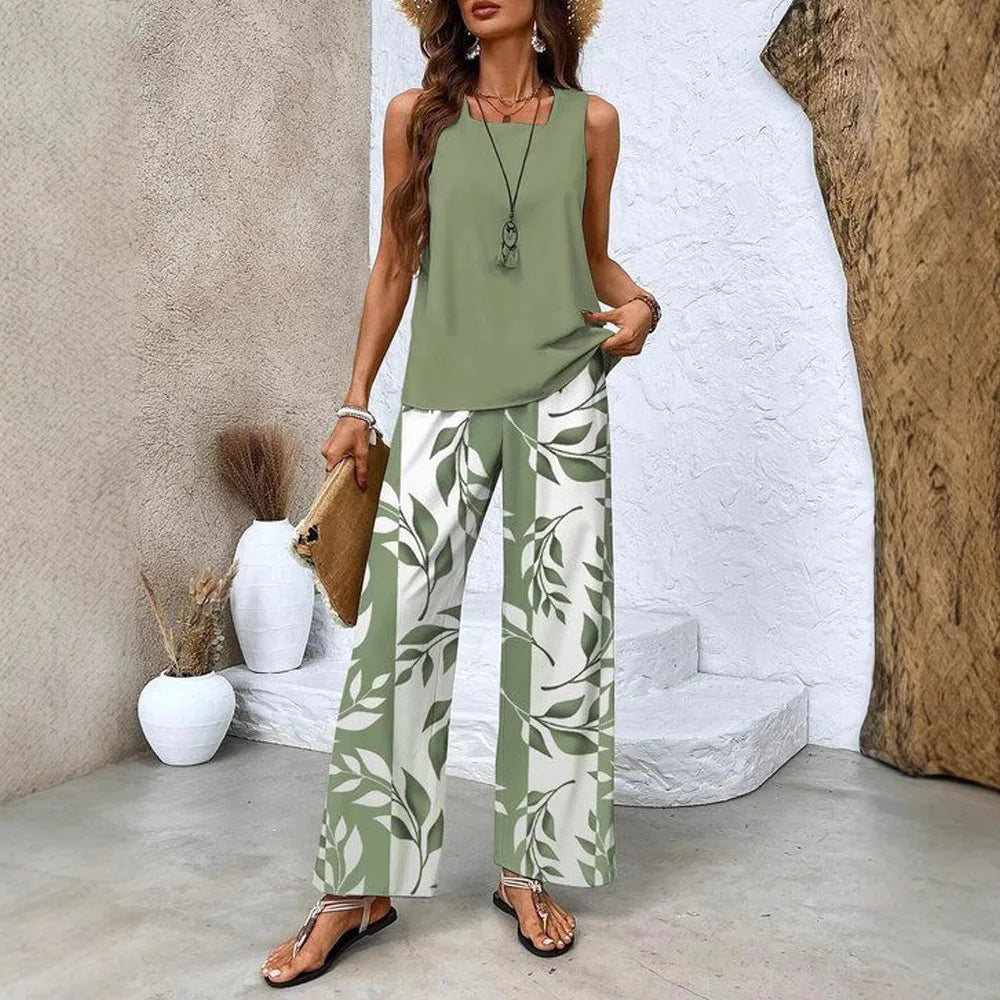 Women's Flower Stripe Two-Piece Set, Sleeveless Vest and Long Pants