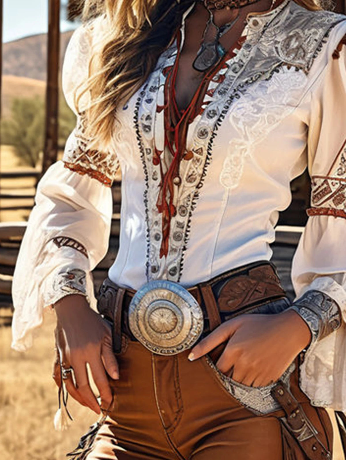 Women's Western Print Lace-Up V-Neck Flare Sleeve Blouse