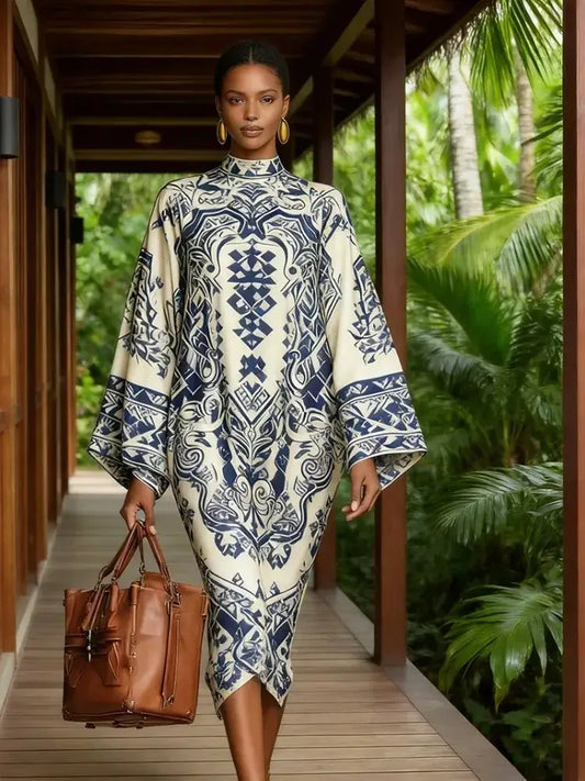Women's Vintage Tribal Print High-Neck Batwing Mini Party Dress