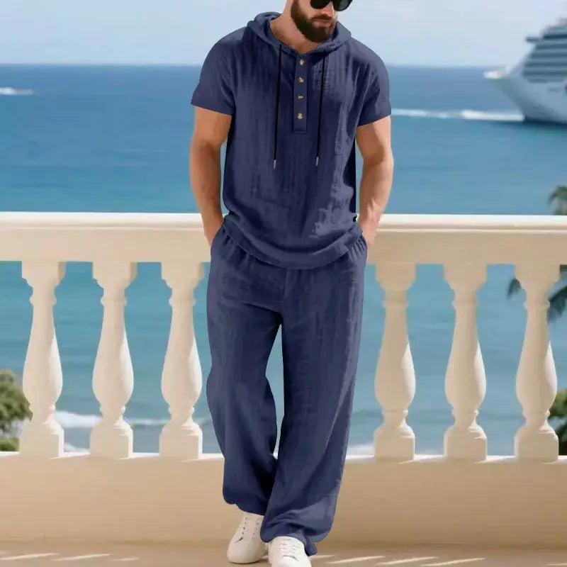 Men's Summer Linen Short Sleeve Hoodie and Loose Pants Set