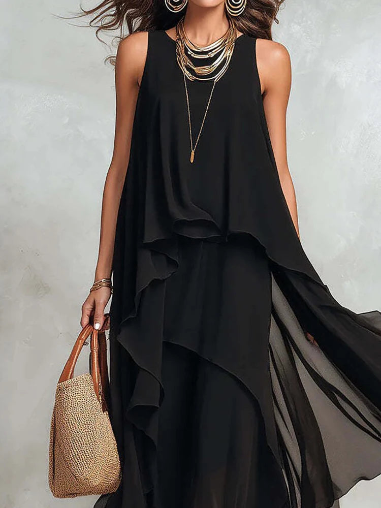 Women's Sleeveless O-Neck Irregular Maxi Holiday Dress
