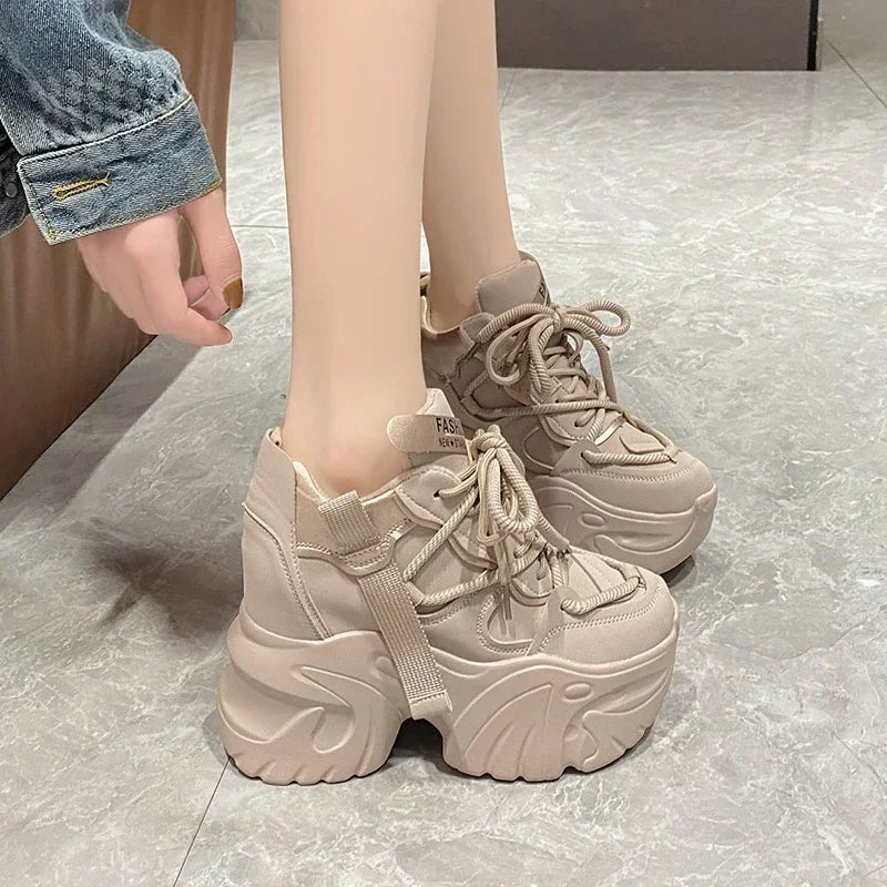 Women's Lace-Up High Platform Chunky Walking Sneakers, 10CM