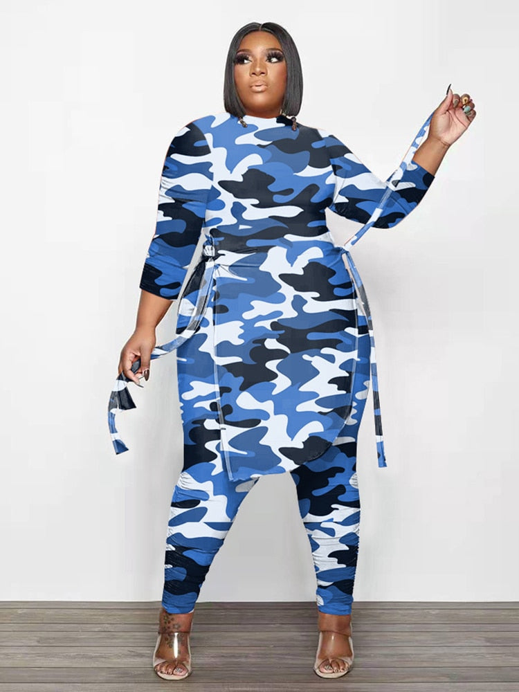 Women's Plus-Size Camo Long-Sleeve Top and Pants Set