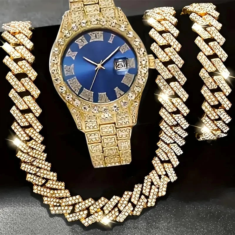 Men's Bling Quartz Watch and Cuban Chain Necklace Set
