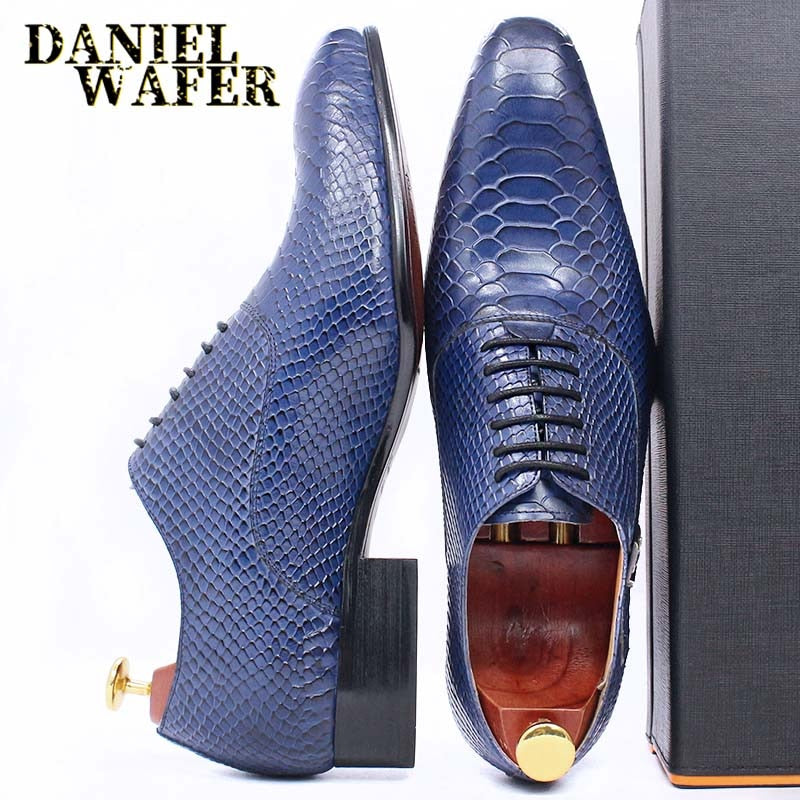Men's Snake Print Leather Lace-Up Pointed Oxford Dress Shoes