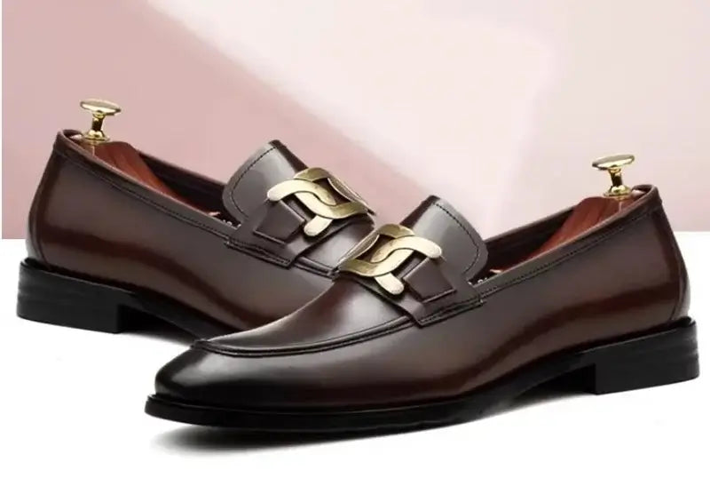 Men's Metal Buckle Genuine Leather Slip-On Wedding Dress Shoes