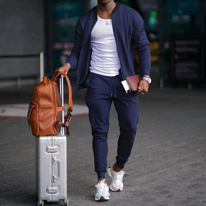 Men's Solid Stand-Collar Zip Jacket and Pants Set