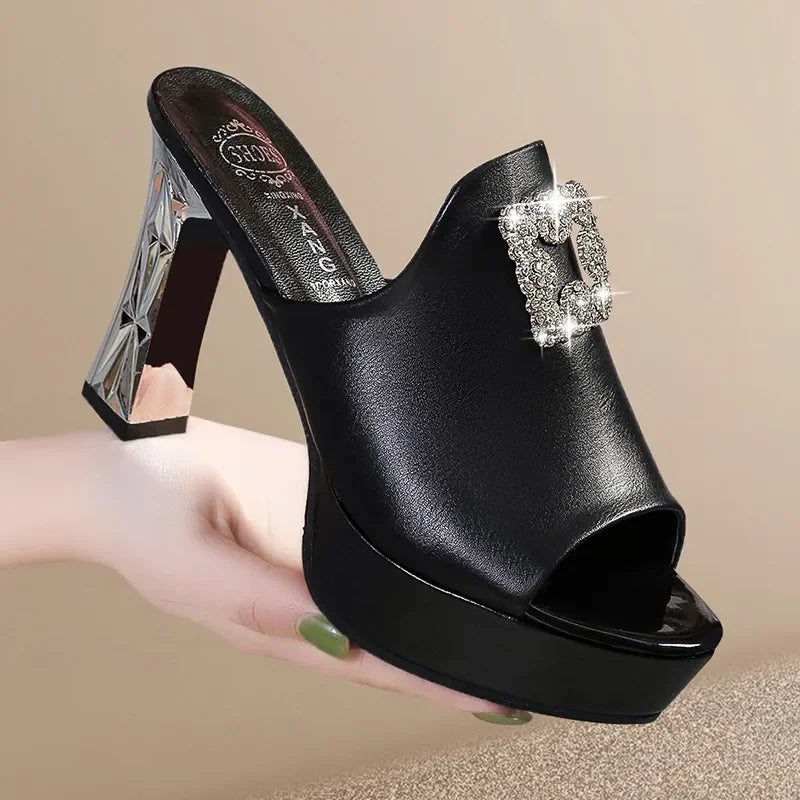 Women's Fish-Mouth Block-Heel Platform Rhinestone Sandals