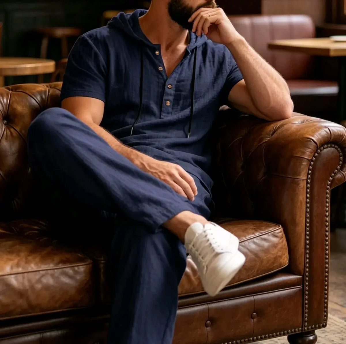 Men's Summer Linen Short Sleeve Hoodie and Loose Pants Set