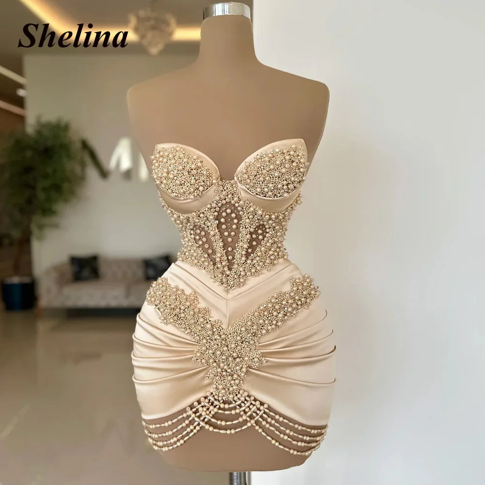 Shelina Graceful Pearls Cocktail Dress Sweetheart Sleeveless Satin Pleat Sheath Formal Party Gown