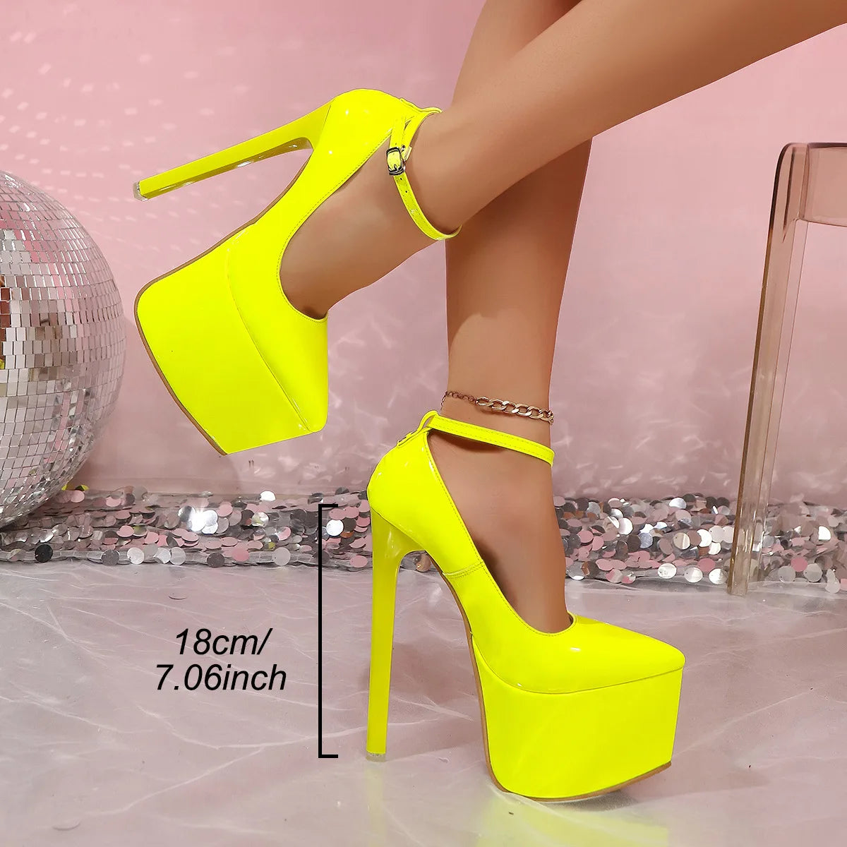 Women's Patent Leather One-Strap Thick Sole High Heel Shoes