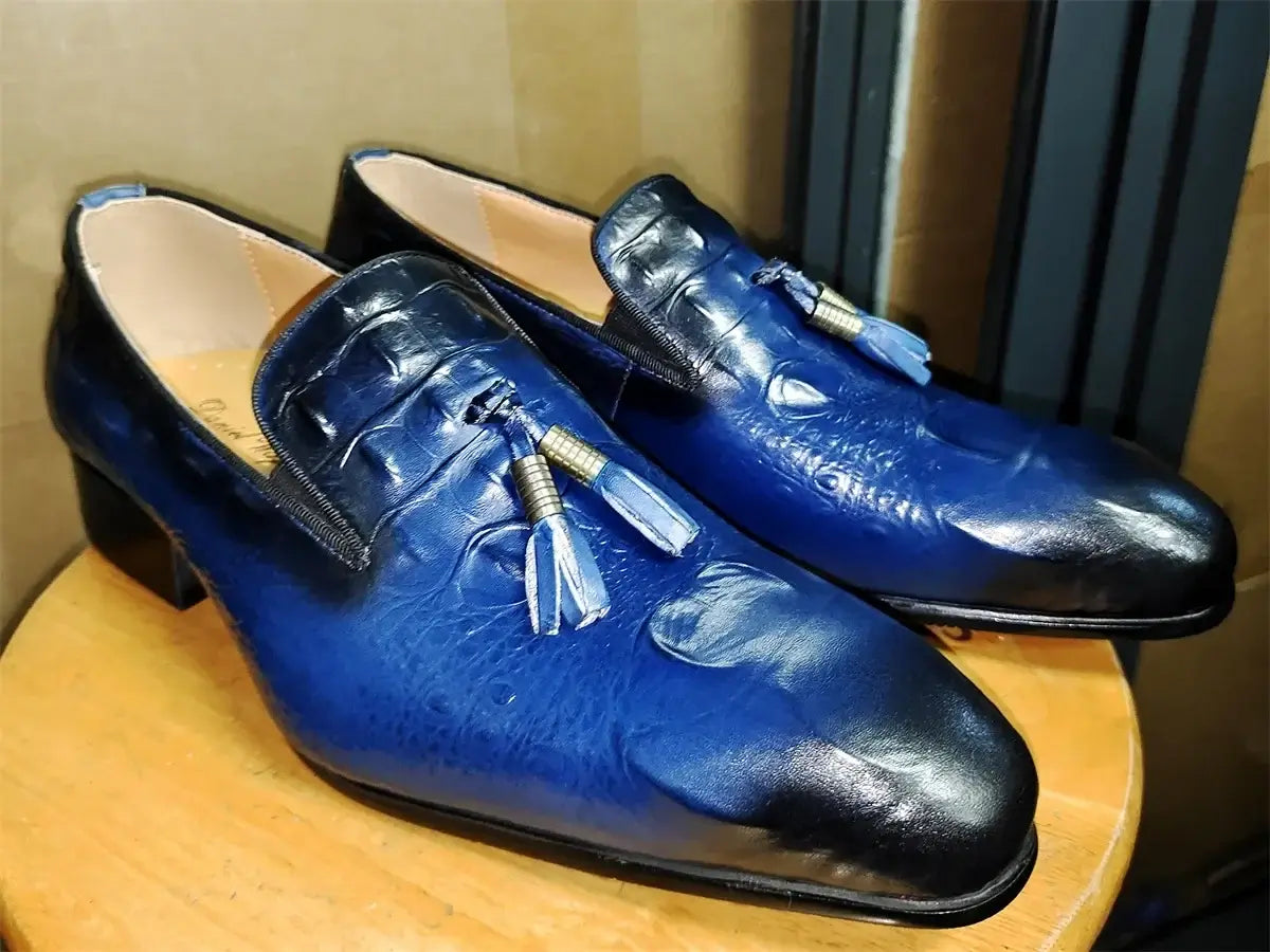 Men's Genuine Leather Black Tassel Loafers Formal Slip-On Dress Shoes