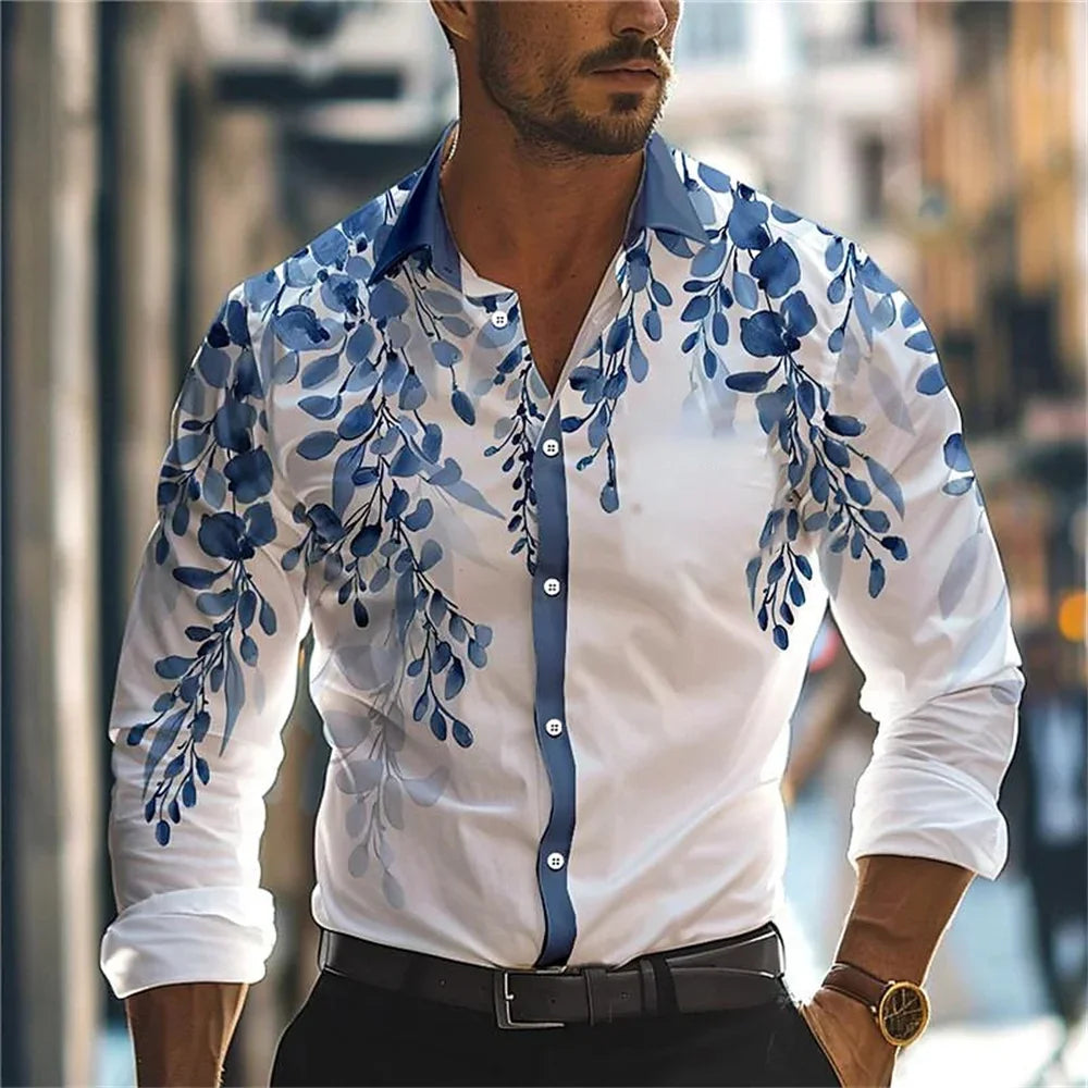 Men's 3D Leaf Print Lapel Long Sleeve Button Shirt