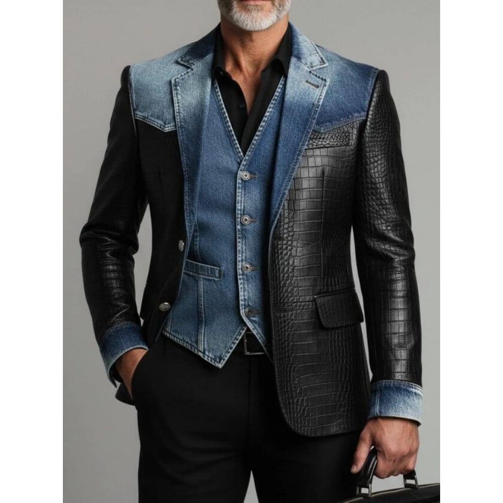 Designer Classic Men's Suit Coat Denim Patchwork Crocodile PU Leather Notched Lapel Tuxedos Groom Wear Business Party Blazer