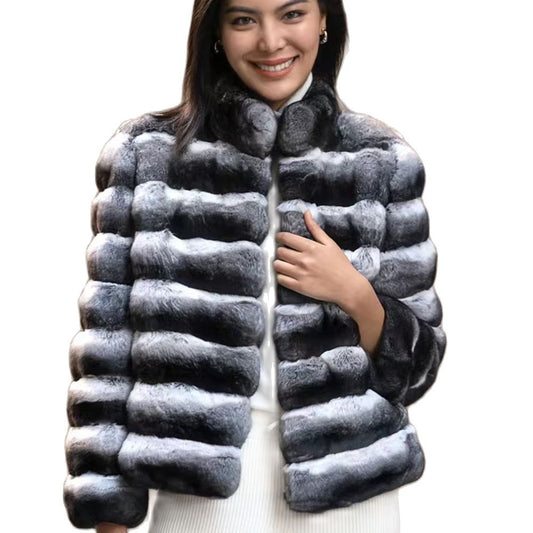 Women's Rex Rabbit Fur Chinchilla Stripe Winter Coat
