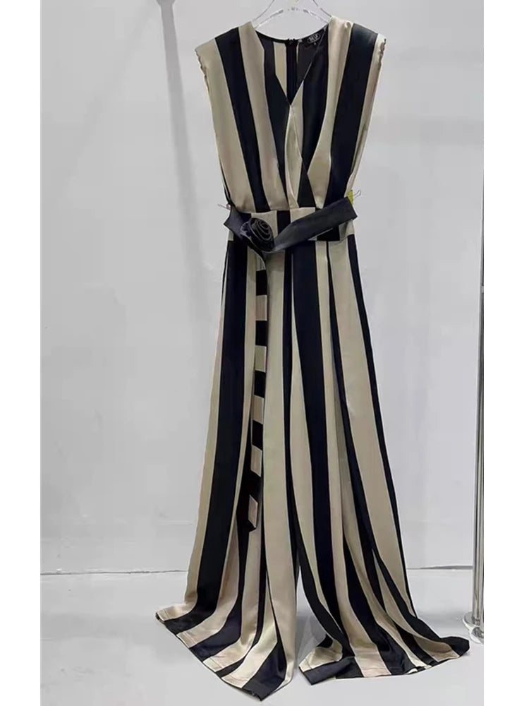 Women's Black-White Striped V-Neck Wide-Leg Jumpsuit, Office Belted Look