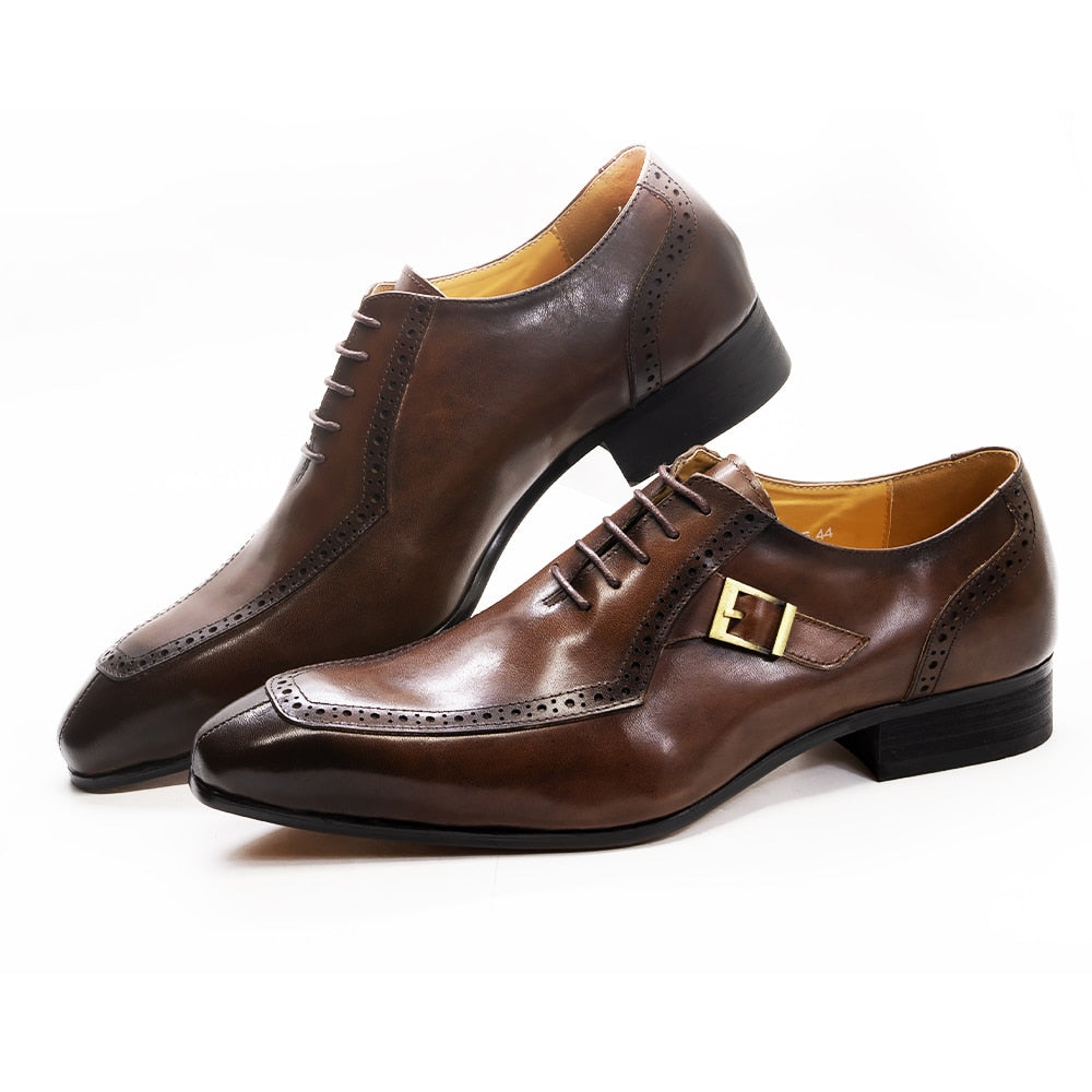 Men's Brown Black Leather Lace-Up Buckle Pointed Oxford Dress Shoes