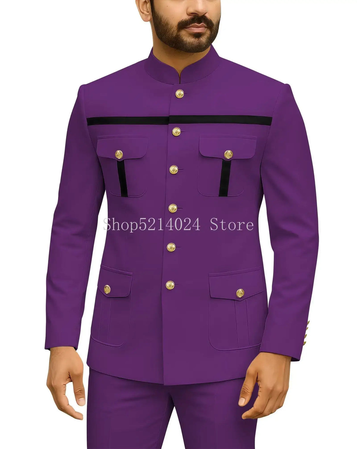 Mens Safari Suit 2 Piece Regular Fit Chinese Suit Stand Collar Gold Button Blazer Pants Set African Outfits