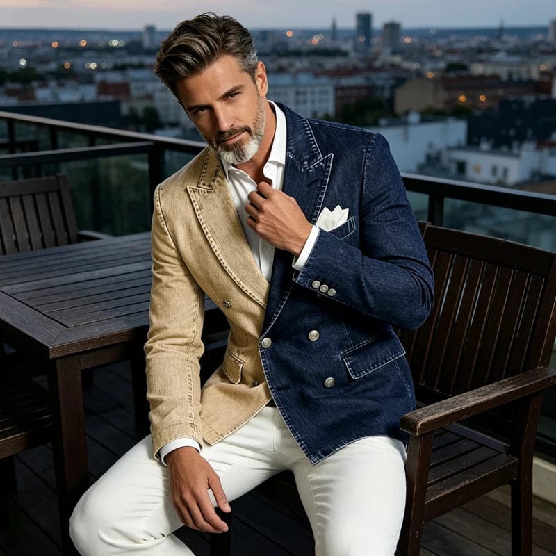 Men's Spliced Denim Peak Lapel Double-Breasted Blazer