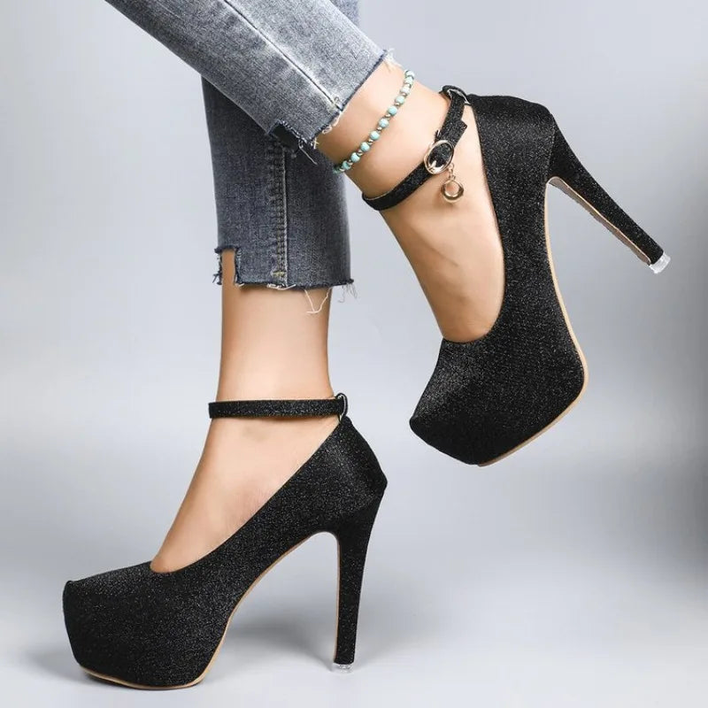 Women's Thin Heel Waterproof Platform Buckle Strap High Heels