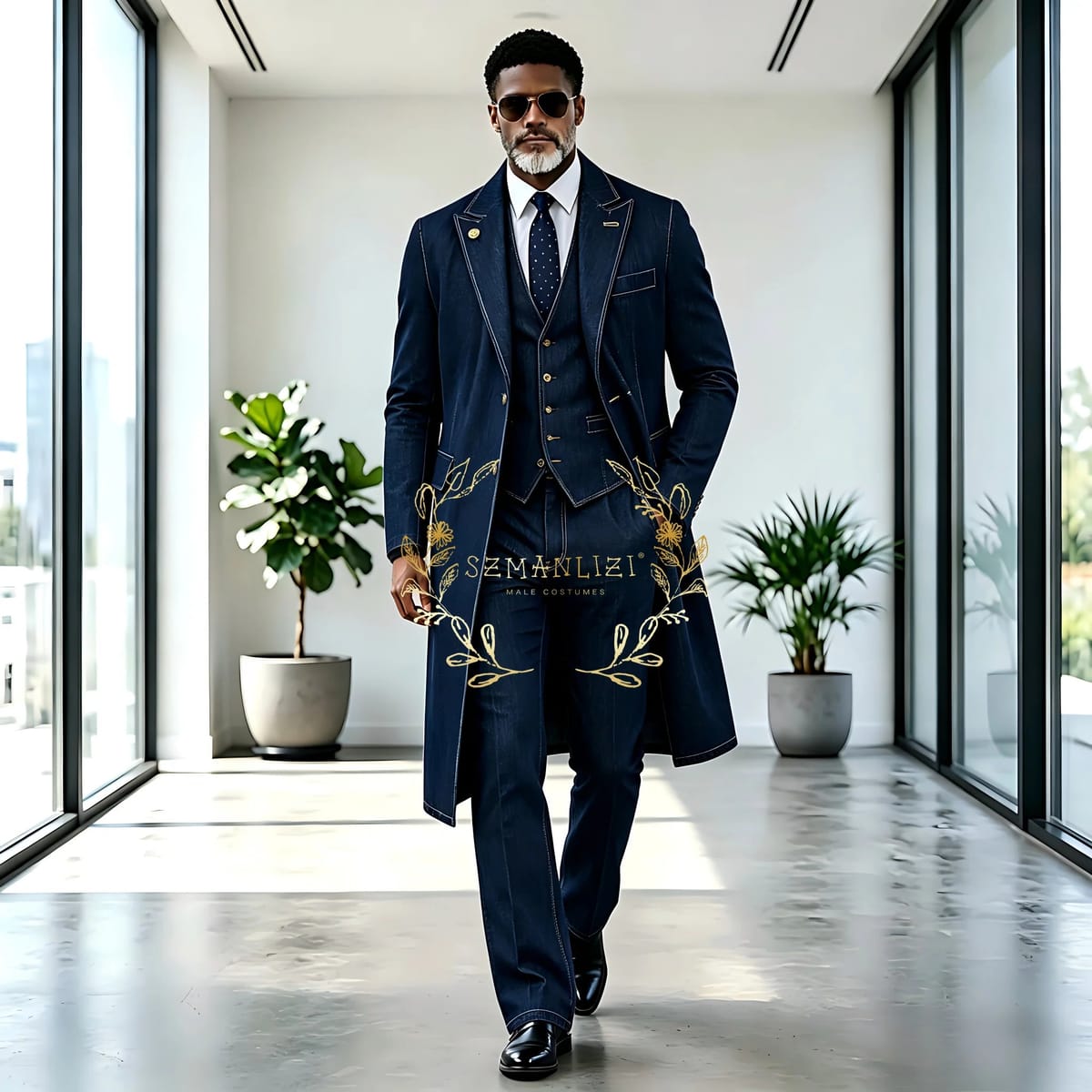 Men Denim Business Suit Long Jacket Groom Groomsman Wedding Party Prom Formal Occasion Men Tuxedos 3 Piece Set Blazer Vest Pants