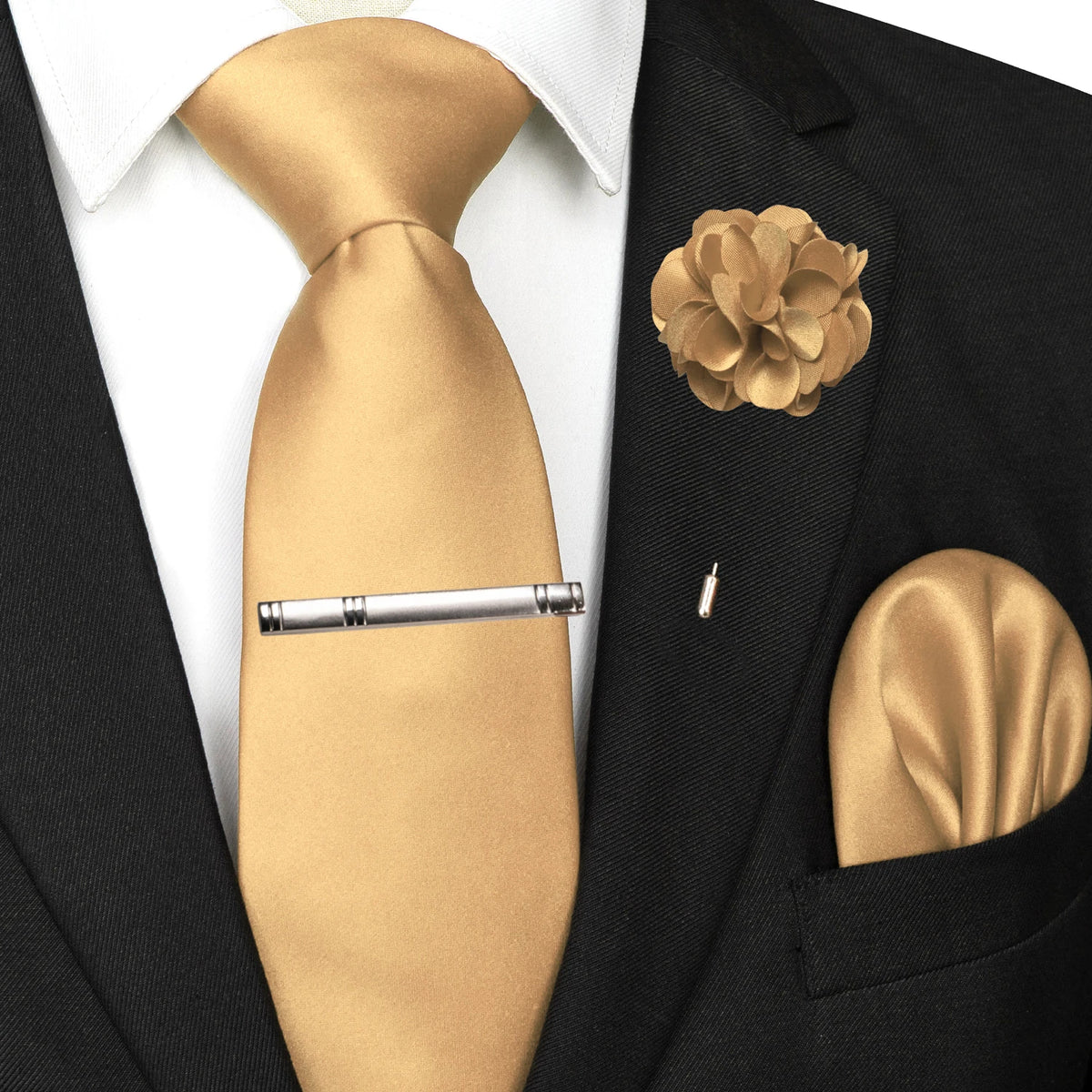 Men's Solid Color Tie Set with Lapel Pin and Pocket Square