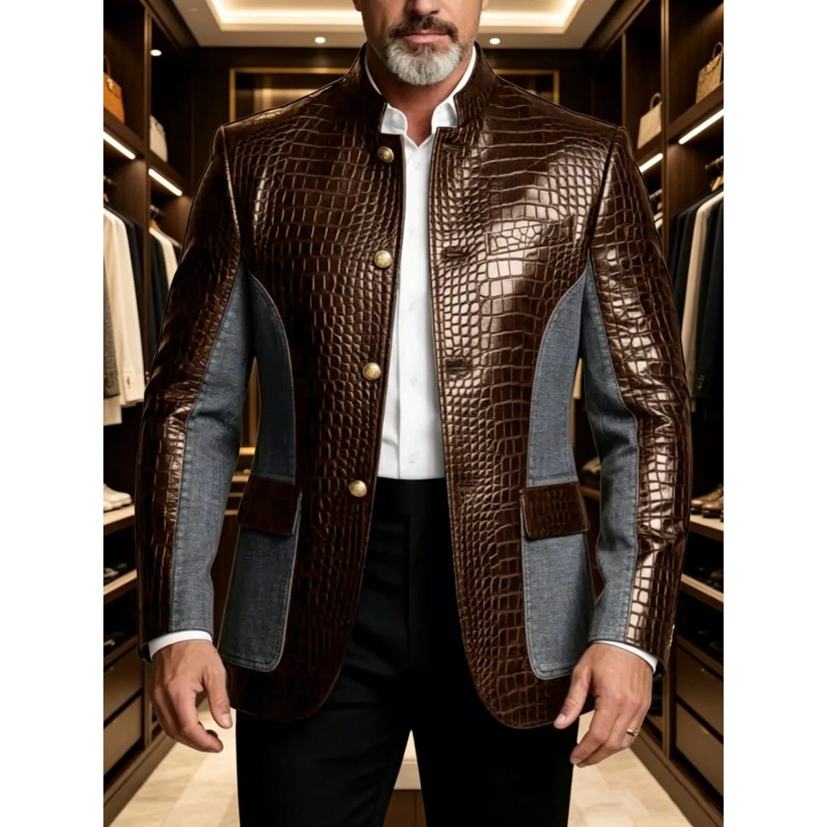 Men's brown crocodile embossed leather patchwork denim stand collar blazer front view