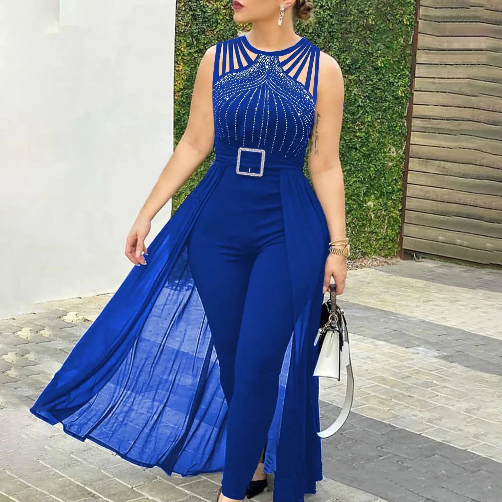 Women's Rhinestone Mesh Sleeveless Floor-Length Red Jumpsuit