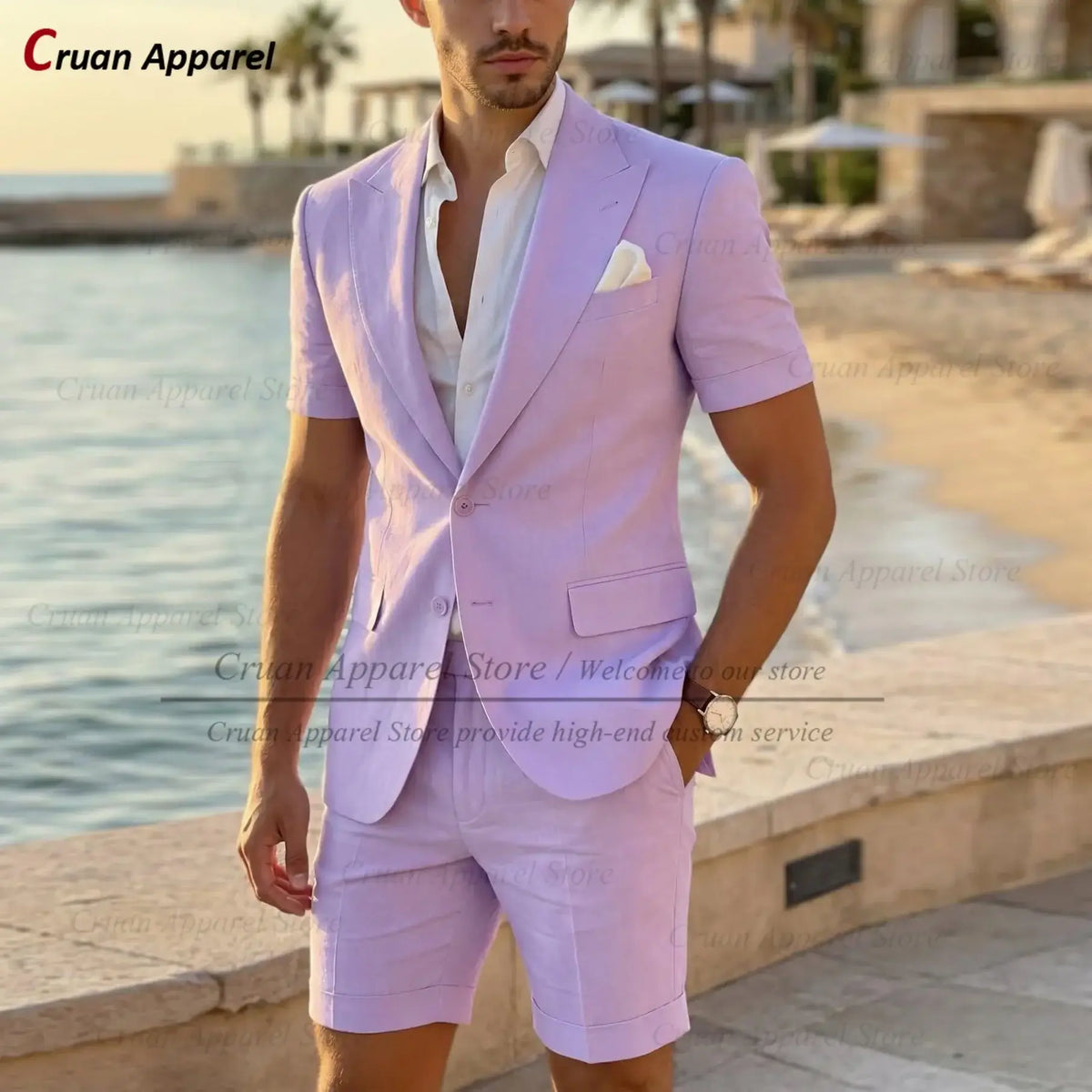 Men's Slim Fit Linen Beach Wedding Short Suit, 2-Piece